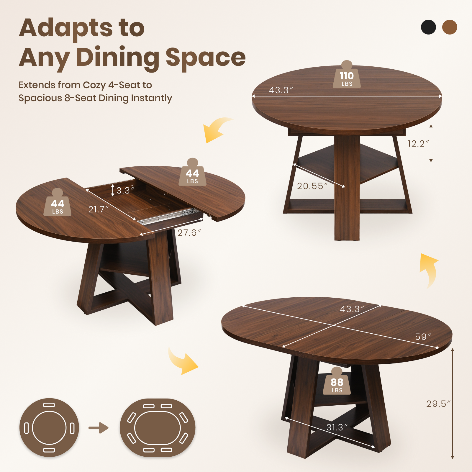 Drlovely Convertible Expandable Round to Oval Dining Tables with Storage Shelf & Stable X Base