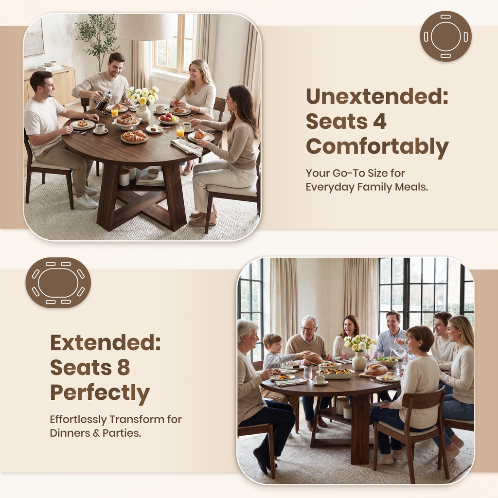 Drlovely Convertible Expandable Round to Oval Dining Tables with Storage Shelf & Stable X Base