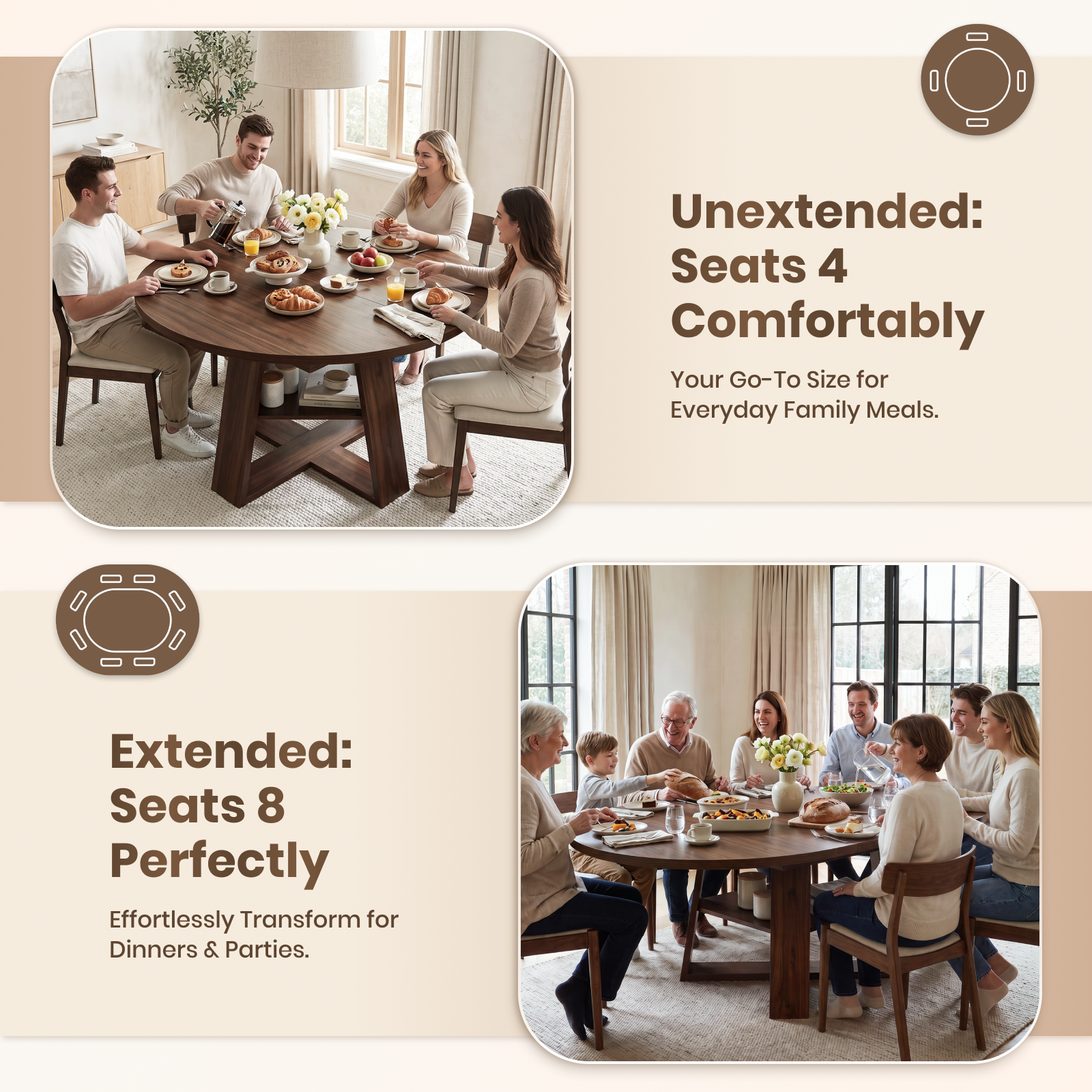 Drlovely Convertible Expandable Round to Oval Dining Tables with Storage Shelf & Stable X Base