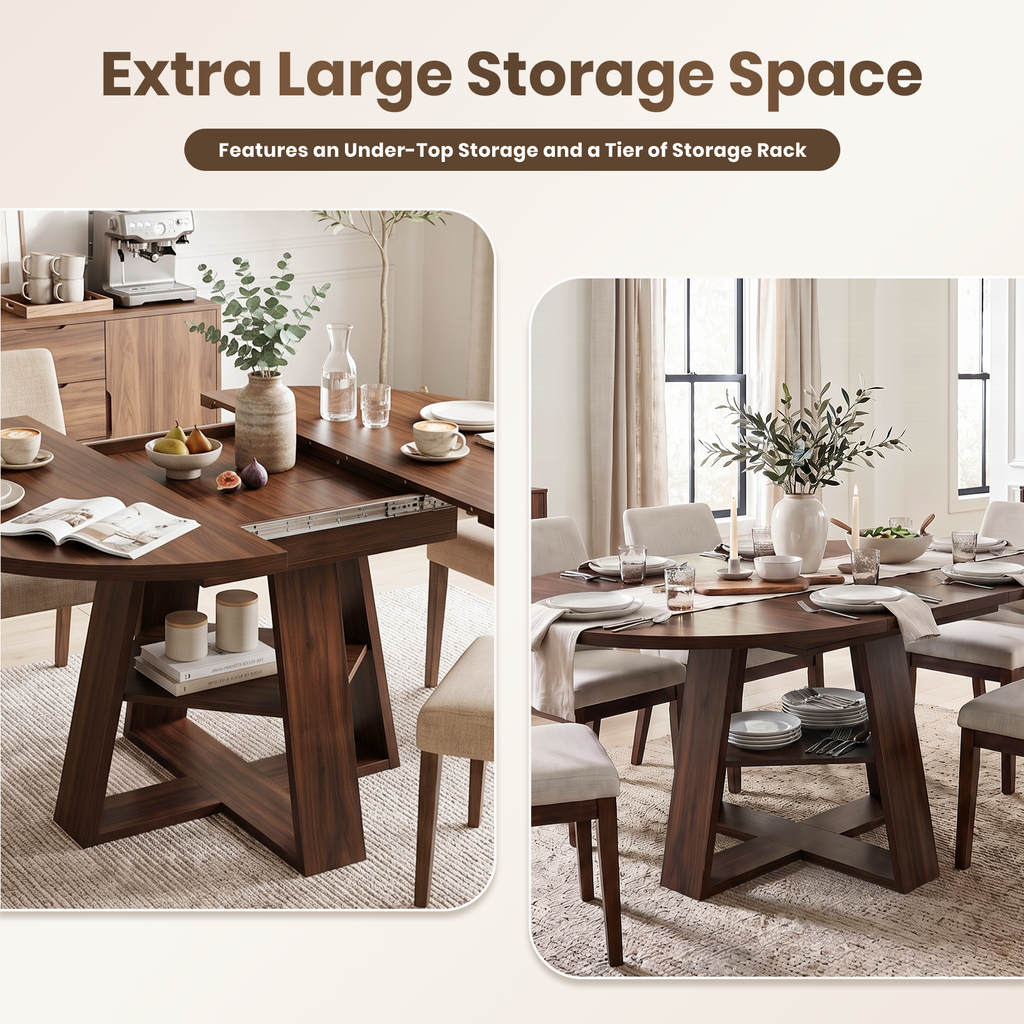Drlovely Convertible Expandable Round to Oval Dining Tables with Storage Shelf & Stable X Base