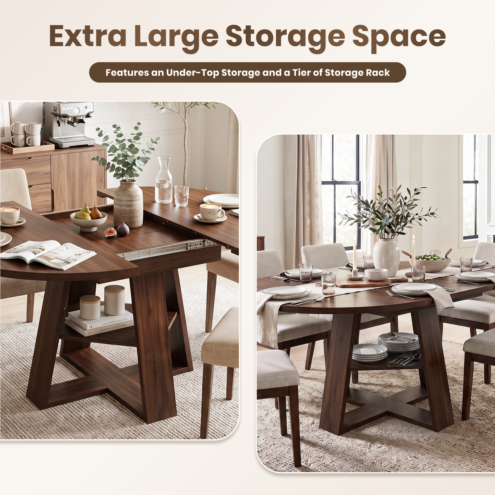 Drlovely Convertible Expandable Round to Oval Dining Tables with Storage Shelf & Stable X Base