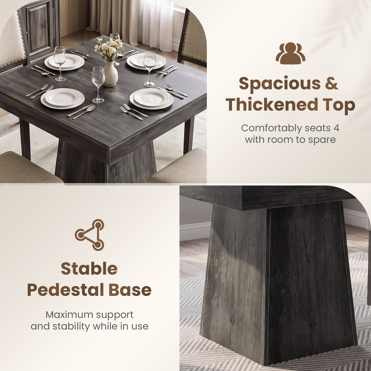 Drlovely Rustic Square Pedestal Waterproof Scratch‑Resistant Wood‑Look Dining Table