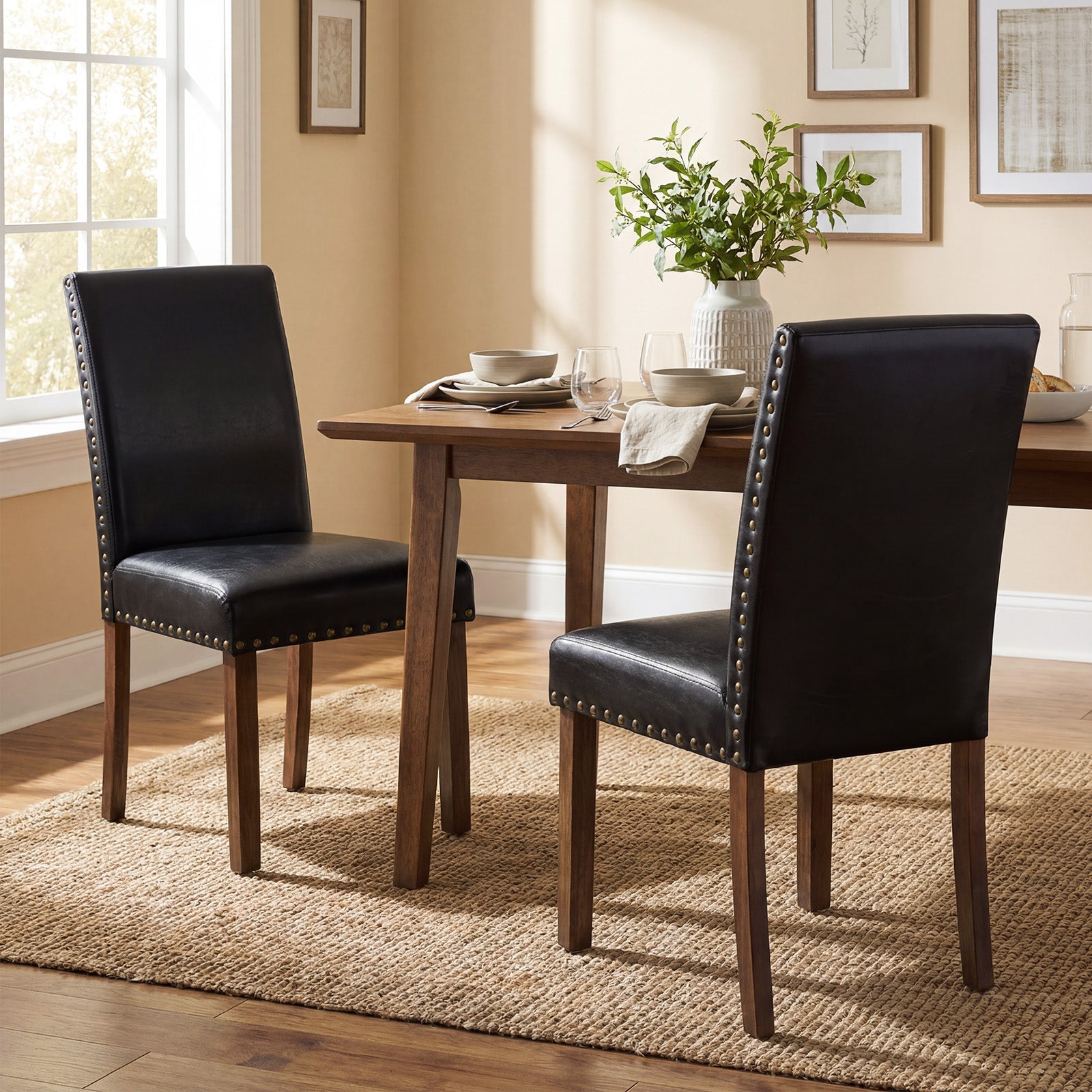 Drlovely Modern High-Back PU Leather Dining Chairs with Nailhead Trim & Walnut Legs