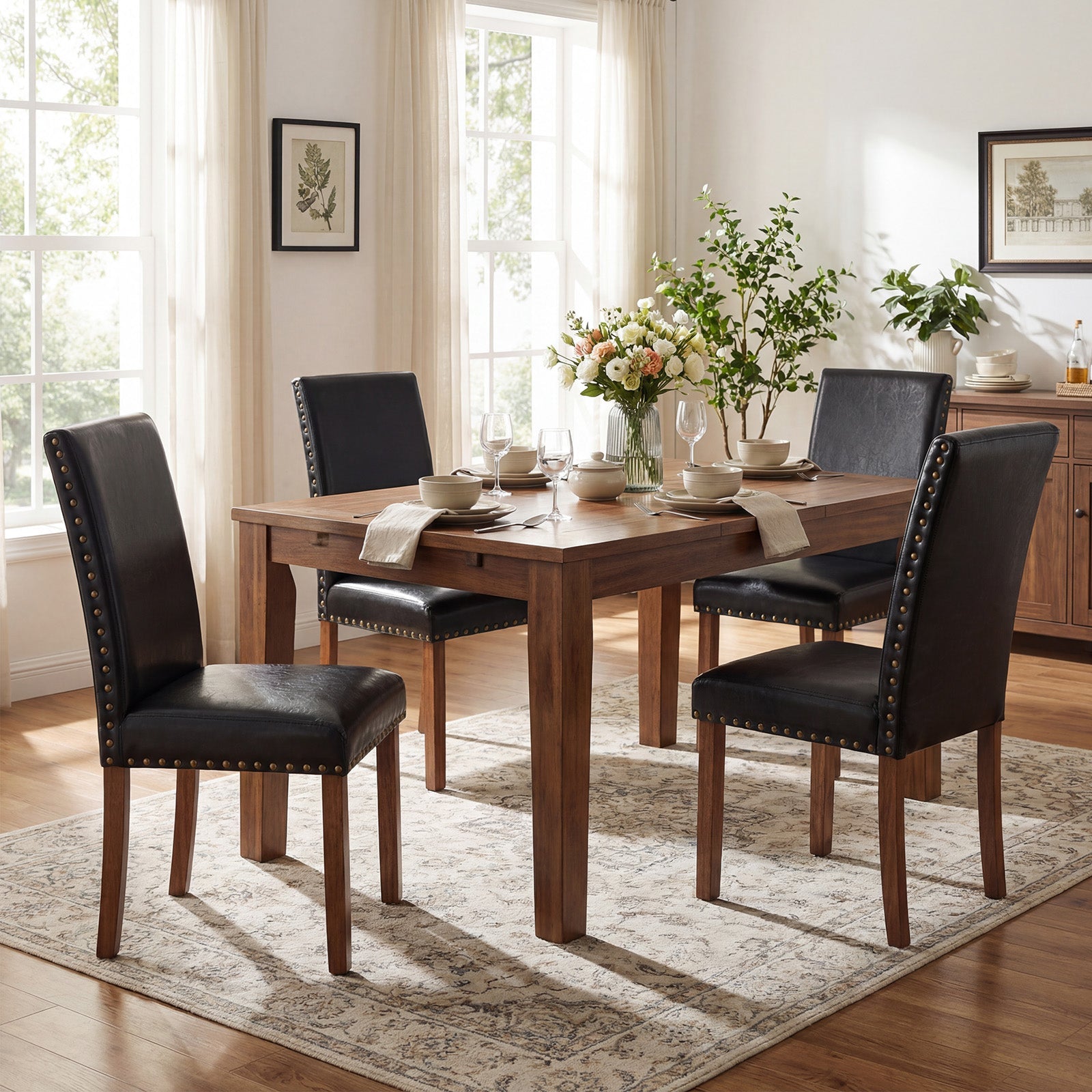 Drlovely Modern High-Back PU Leather Dining Chairs with Nailhead Trim & Walnut Legs