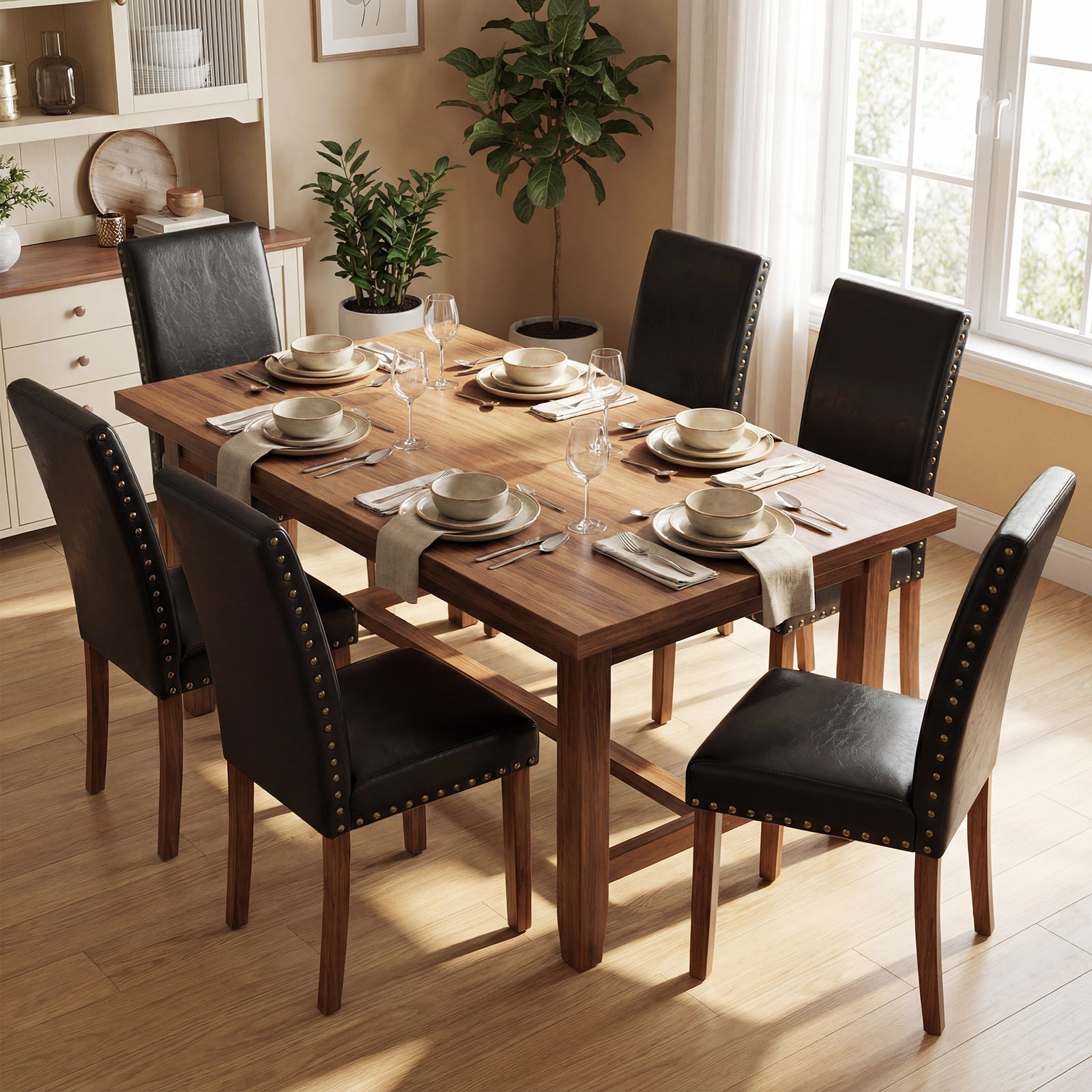Drlovely Modern High-Back PU Leather Dining Chairs with Nailhead Trim & Walnut Legs