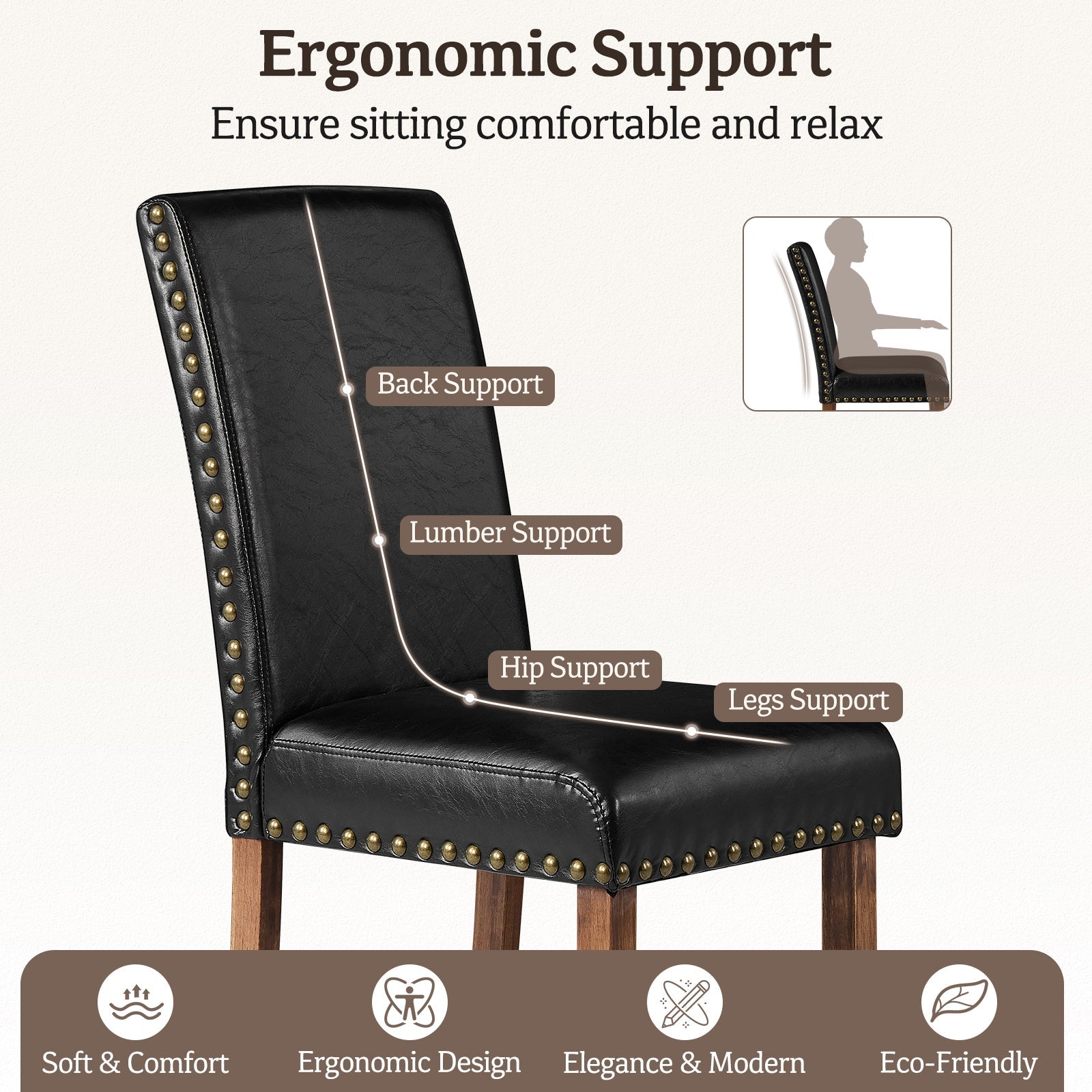 Drlovely Modern High-Back PU Leather Dining Chairs with Nailhead Trim & Walnut Legs