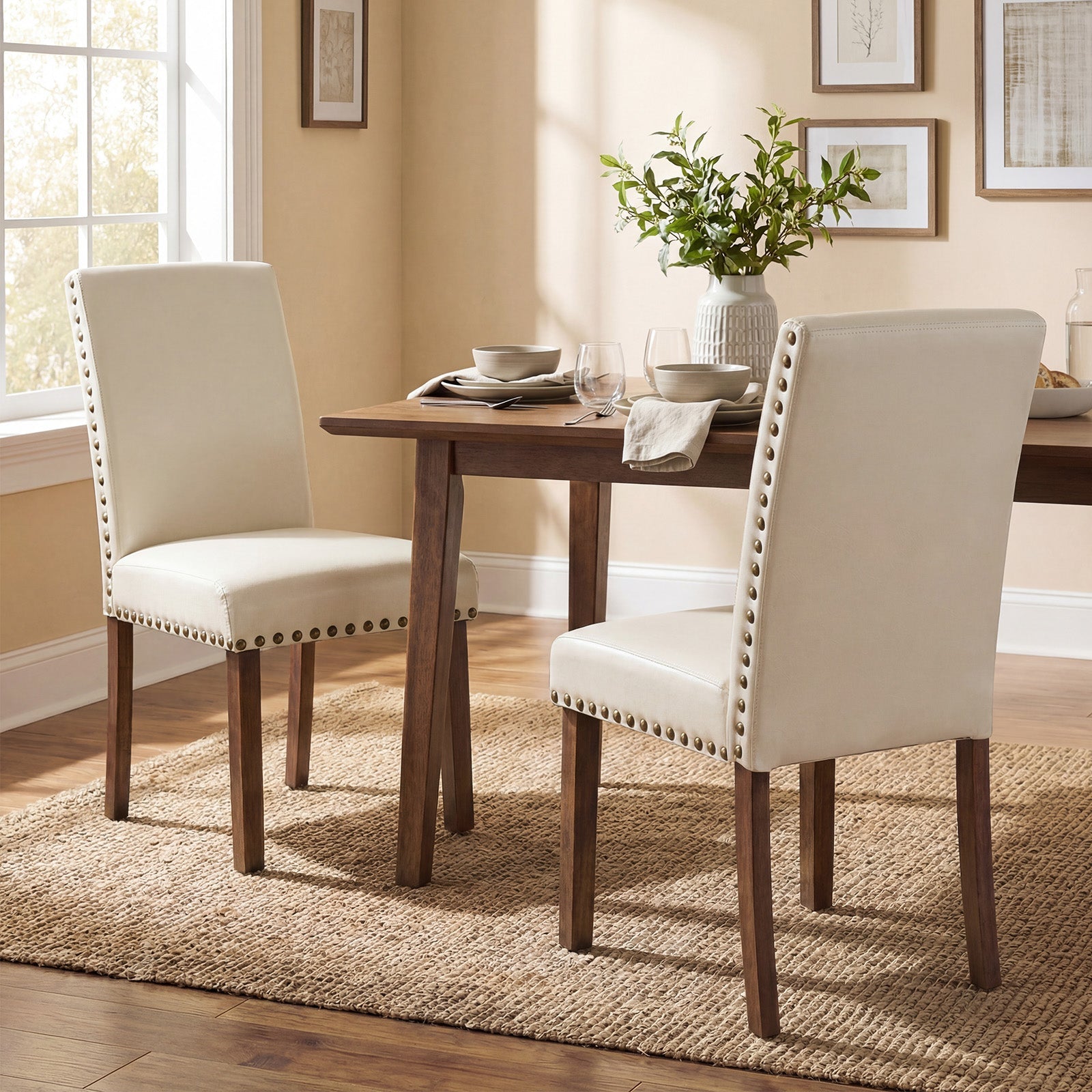Drlovely Modern High-Back PU Leather Dining Chairs with Nailhead Trim & Walnut Legs