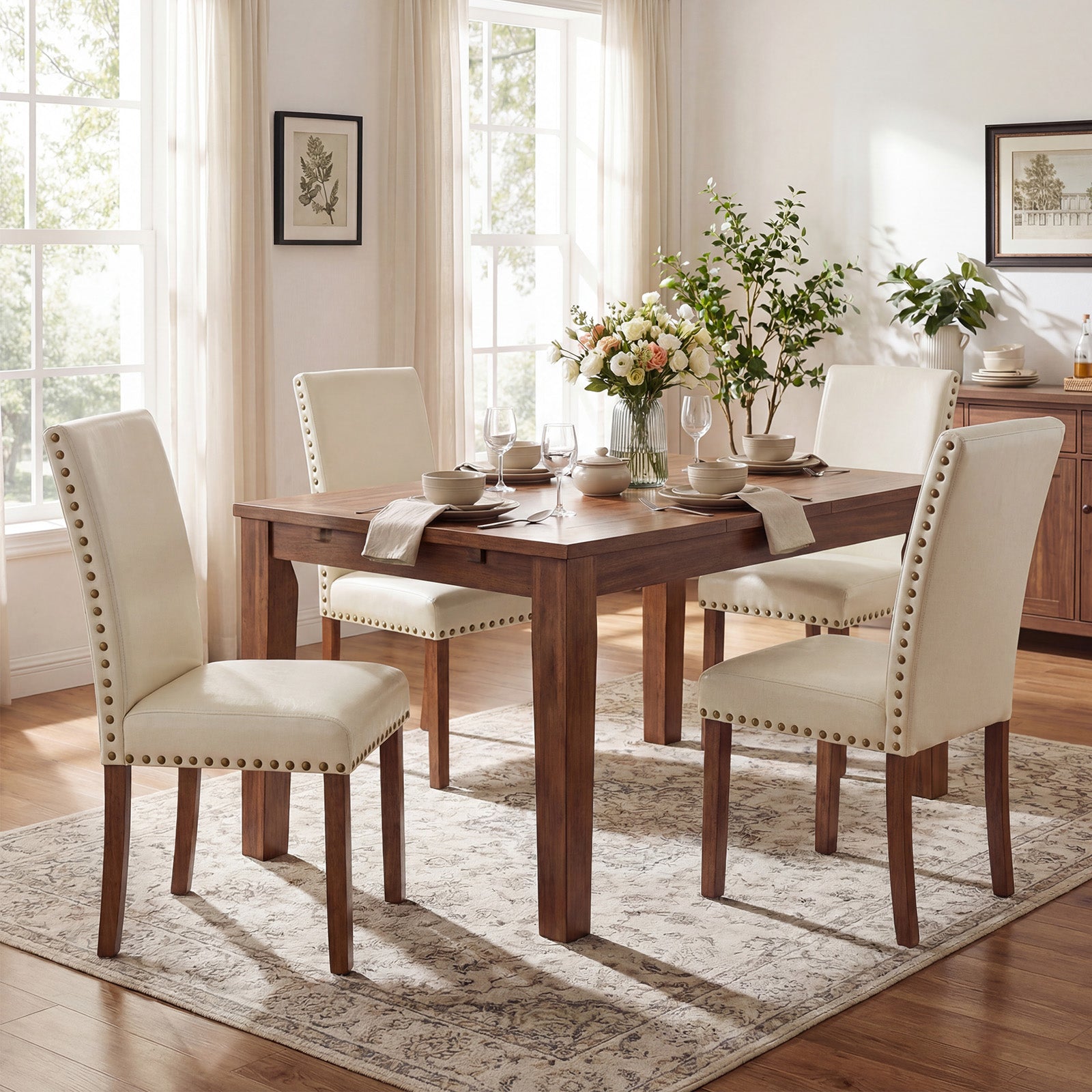 Drlovely Modern High-Back PU Leather Dining Chairs with Nailhead Trim & Walnut Legs