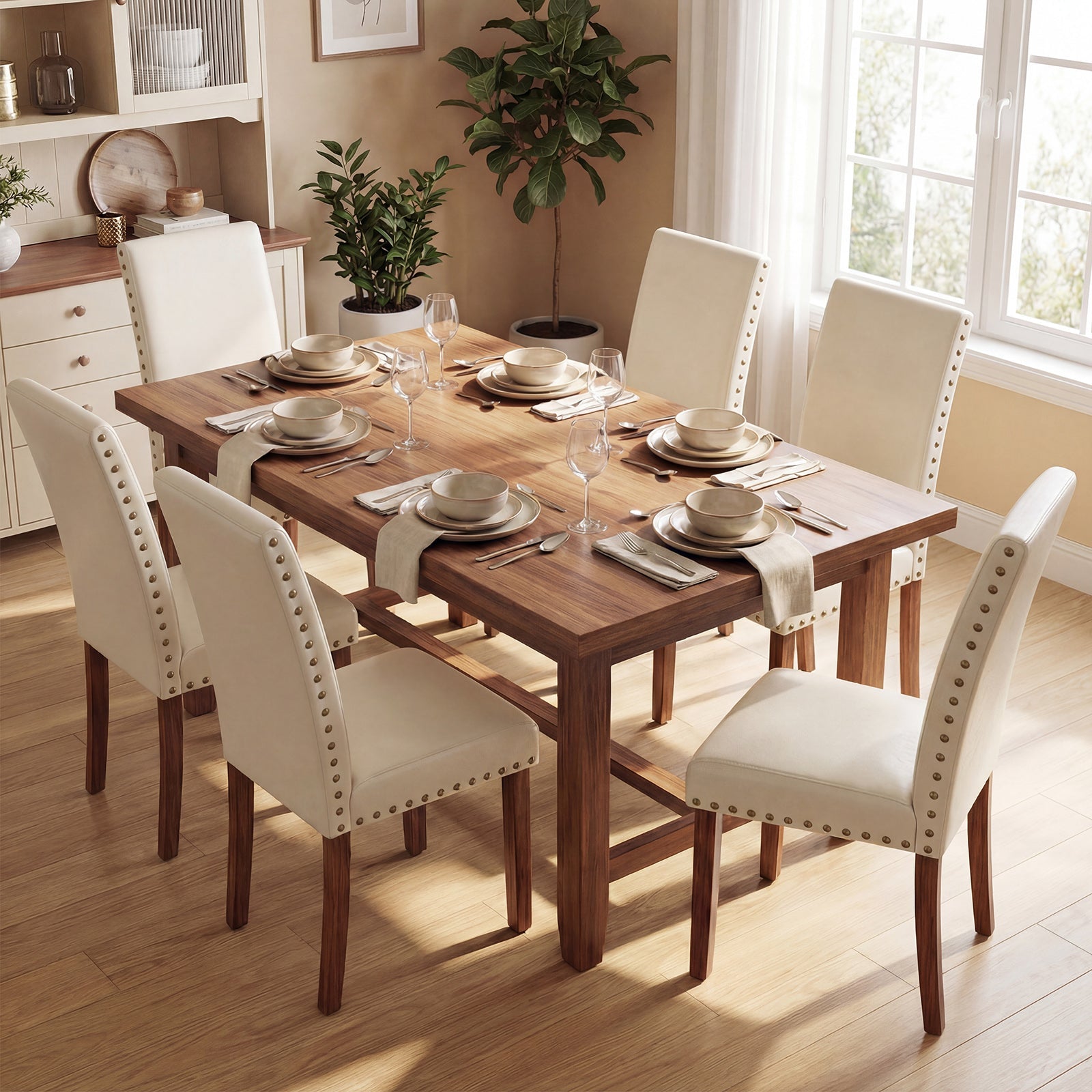 Drlovely Modern High-Back PU Leather Dining Chairs with Nailhead Trim & Walnut Legs
