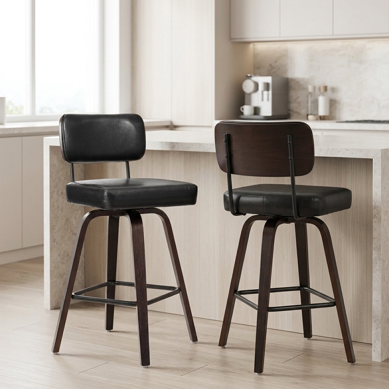 Drlovely Modern PU Swivel Bar Stools with Solid Wood Legs & Ergonomic Backrest