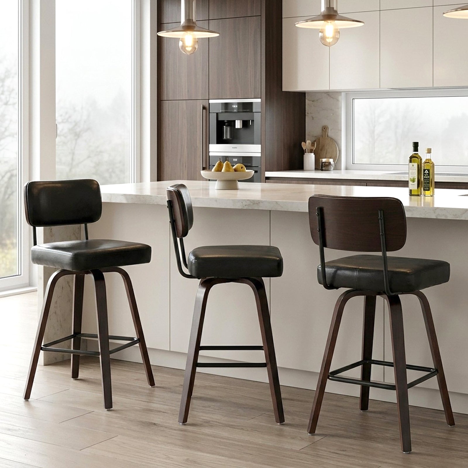 Drlovely Modern PU Swivel Bar Stools with Solid Wood Legs & Ergonomic Backrest