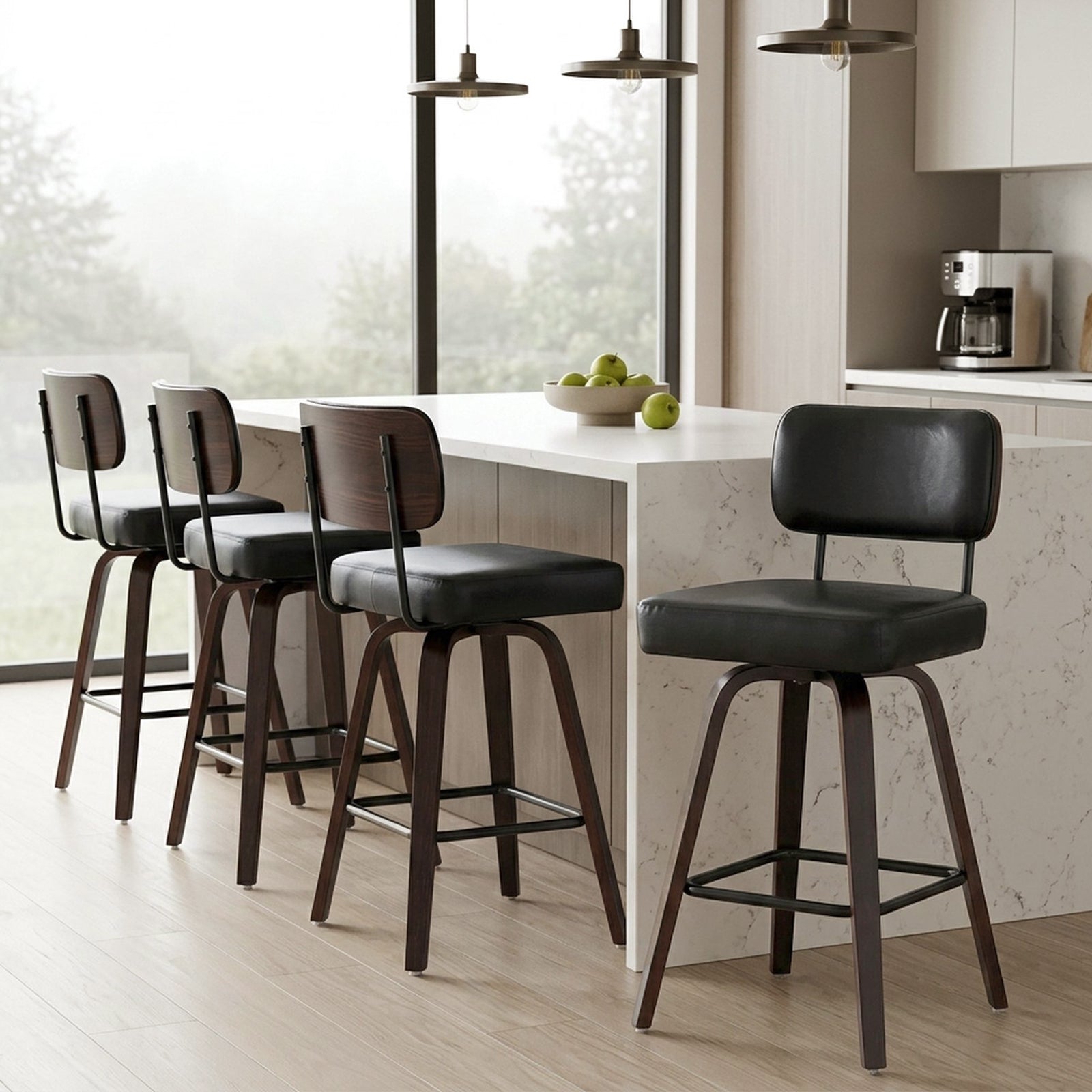 Drlovely Modern PU Swivel Bar Stools with Solid Wood Legs & Ergonomic Backrest