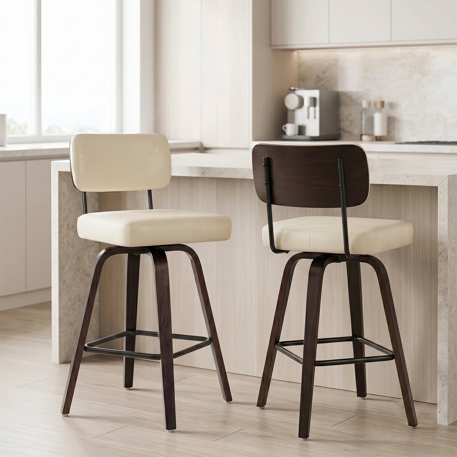 Drlovely Modern PU Swivel Bar Stools with Solid Wood Legs & Ergonomic Backrest