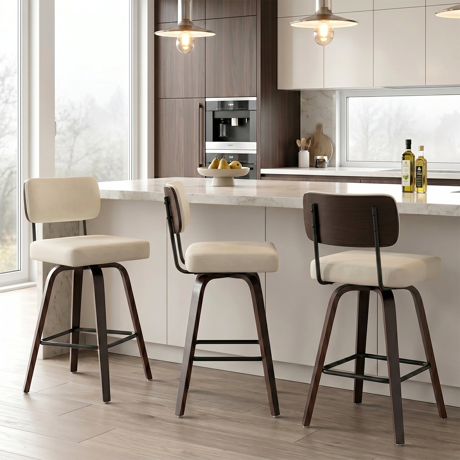 Drlovely Modern PU Swivel Bar Stools with Solid Wood Legs & Ergonomic Backrest
