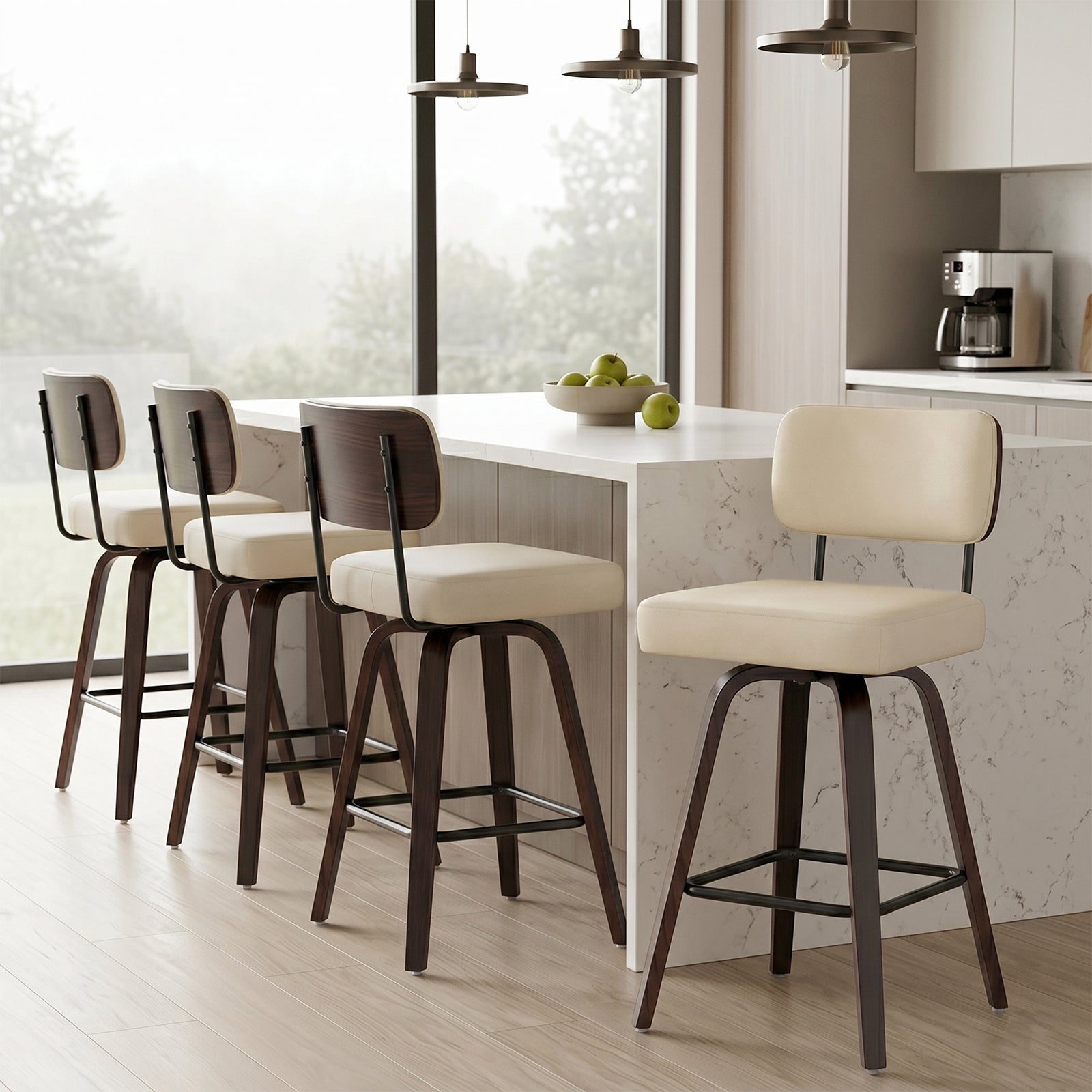Drlovely Modern PU Swivel Bar Stools with Solid Wood Legs & Ergonomic Backrest