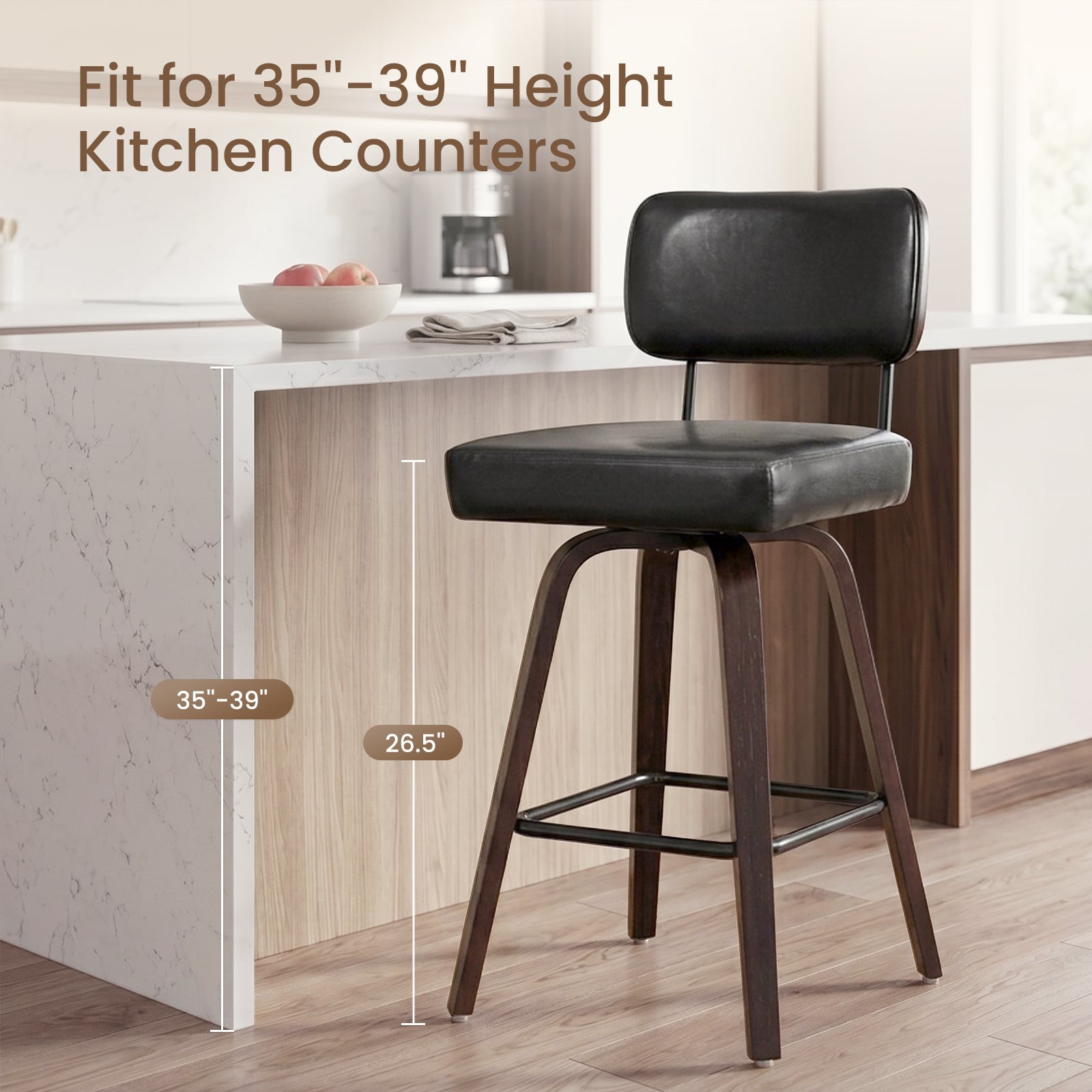 Drlovely Modern PU Swivel Bar Stools with Solid Wood Legs & Ergonomic Backrest