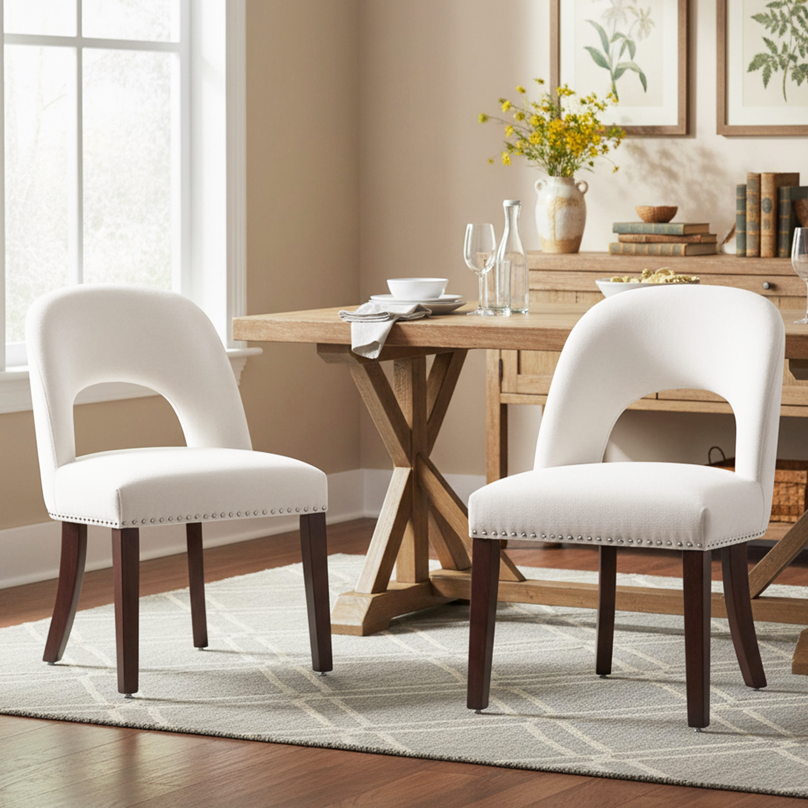 Drlovely Farmhouse Hollow Back Dining Chairs with Nailhead Trim & Rubberwood Legs