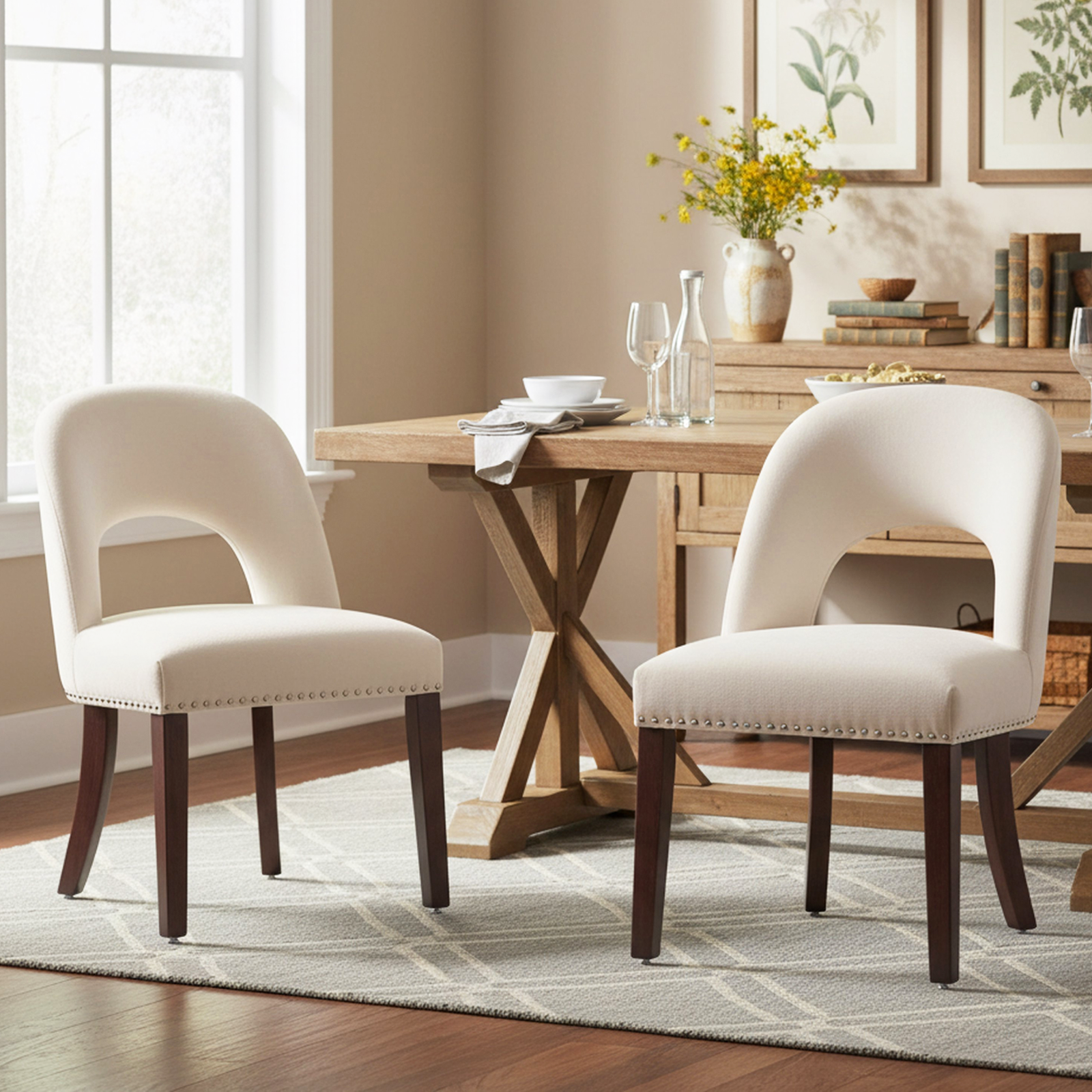 Drlovely Farmhouse Hollow Back Dining Chairs with Nailhead Trim & Rubberwood Legs